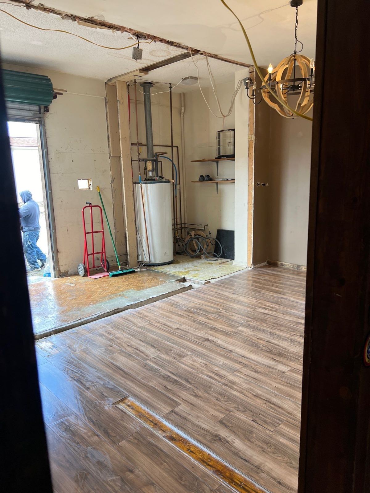 View through the new opening toward the back of the unit during the expansion